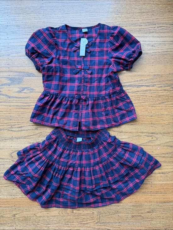 Lindex Other - Girls Navy & Red Plaid Peplum Top with Tiered Skirt – Cute Casual Set